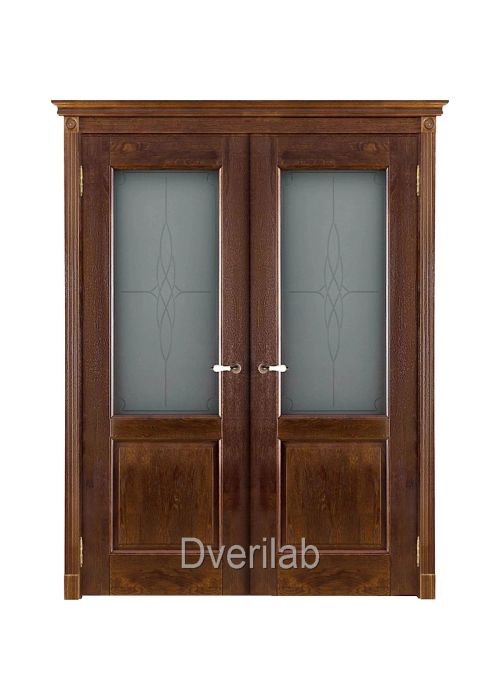 Межкомнатная двустворчатая дверь массив дуба Селена античный орех со стеклом